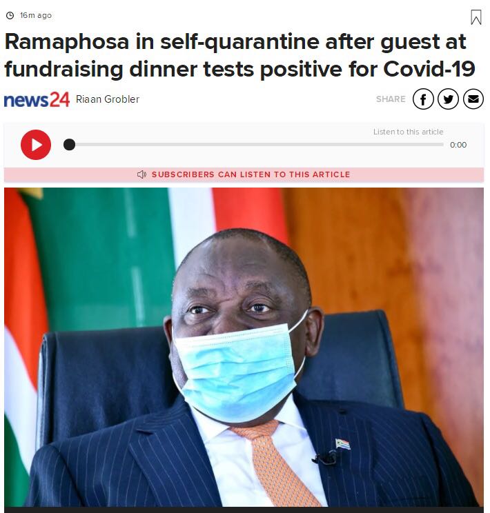 South African President Ramaphosa begins self-isolation