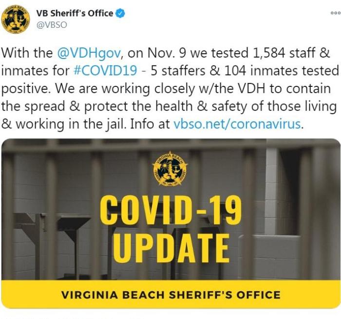 109 people diagnosed with COVID19 in Virginia prison, including 104 inmates