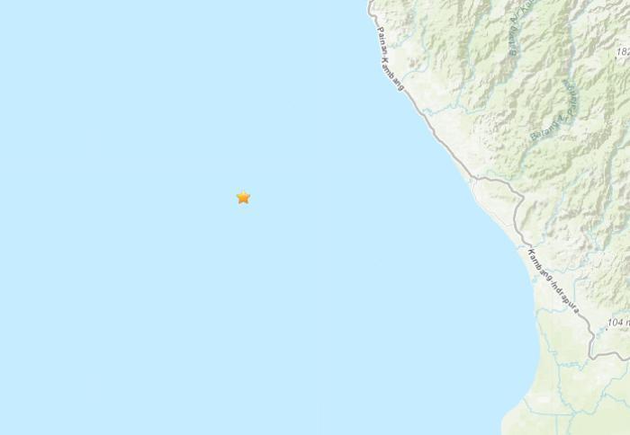 The focal depth of the M5.3 earthquake off Sumatra Island, Indonesia is 53.5 kilometers