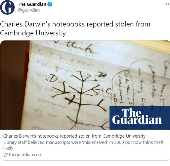 Darwin's precious notebook may have been stolen! Contains notes on evolution