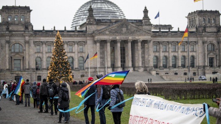 Hundreds of people in Berlin, Germany protested against Germany's increasing military spending