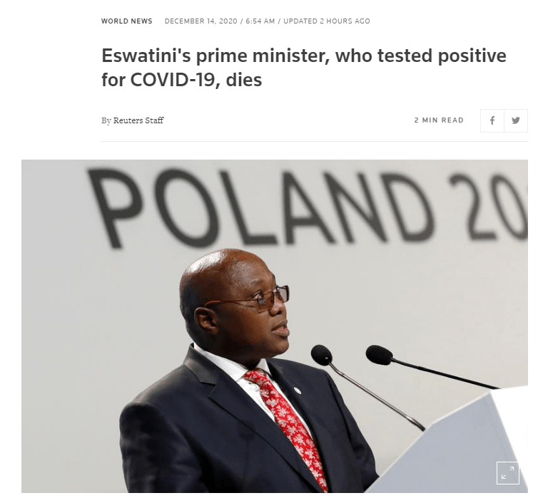 Eswatini's Prime Minister died of COVID-19