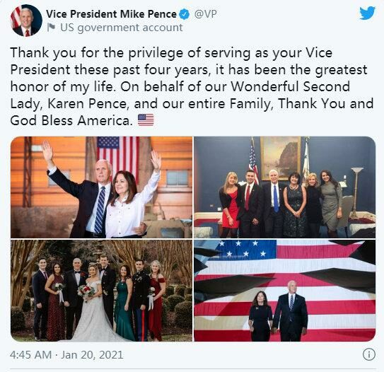 Pence posted a farewell tweet with four photos without Trump