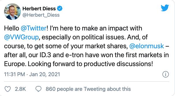 Herbert Diess opens a social platform account, the first dynamic roll call to Musk
