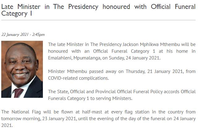 South African government to hold state funeral for late President Jackson Mthambu