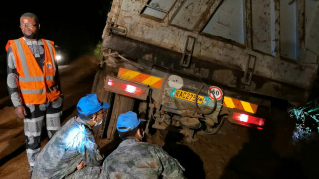 Late night rescue of trapped vehicles by Chinese peacekeeping engineering unit in the Democratic Republic of the Congo