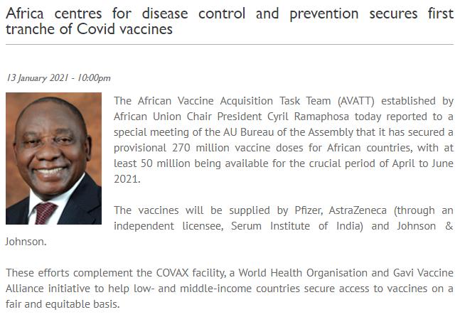 The African Union announced that it had obtained the first batch of coronavirus vaccines.