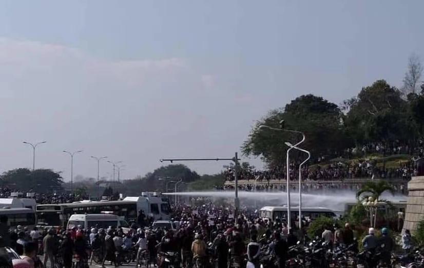 Police in Naypyidaw, Myanmar dispatched water cannon trucks to drive away the demonstrators.