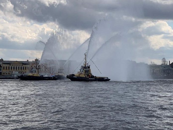 Celebrate IceBreaker Day! A water waltz show is held in St. Petersburg, Russia