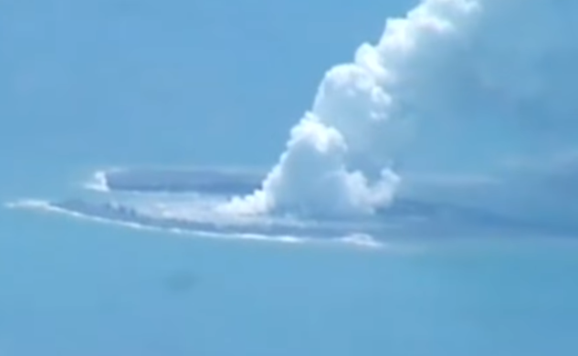 Horseshoe-shaped new island after the eruption of an underwater volcano near Iwo Jima, Japan
